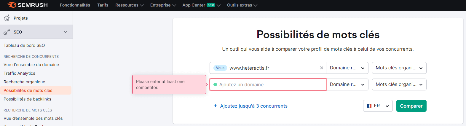 Capture d'écran de SEMrush pour la recherche de mots-clés