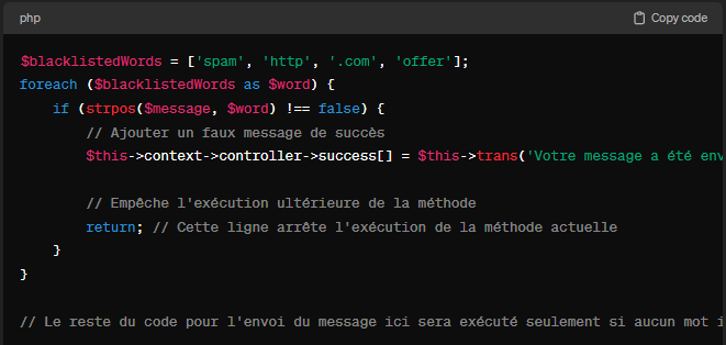 modification directement faite dans le module contact - les mots et expressions spécifiques qui sont souvent utilisés dans les spams. Une ressource précieuse pour comprendre rapidement l'amélioration de la protection contre le spam sur votre site e-commerce PrestaShop