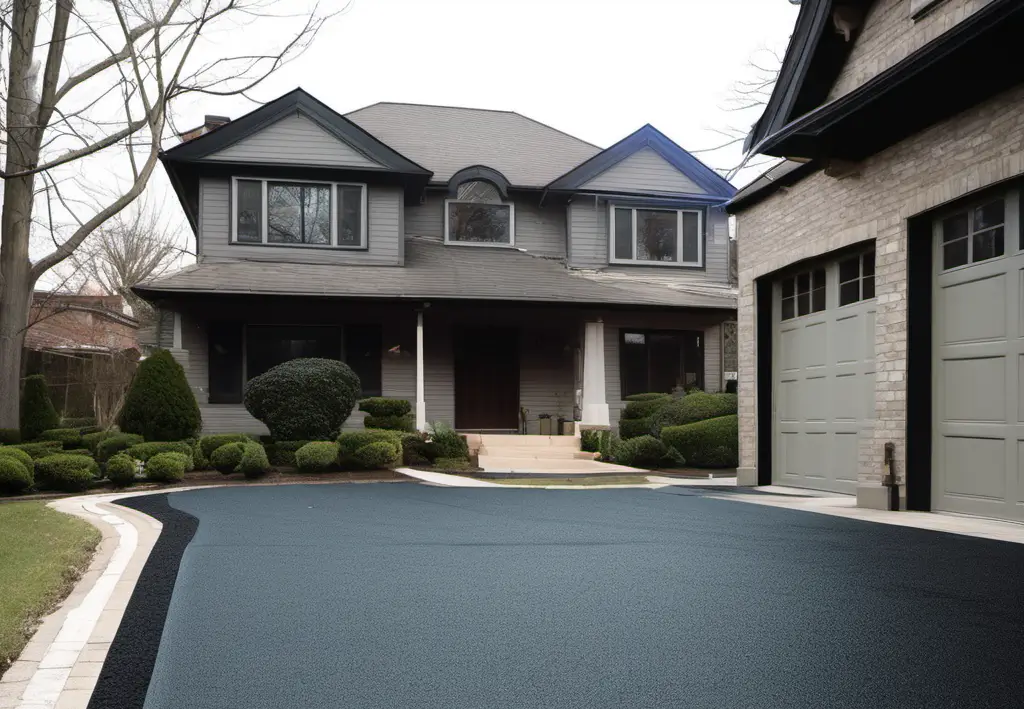 Allée de maison récemment goudronnée montrant une surface lisse et noire