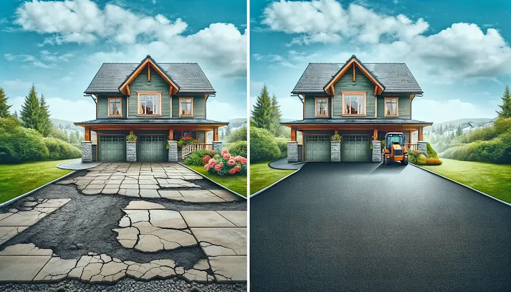 Comparaison avant et après d'une allée goudronnée d'une maison