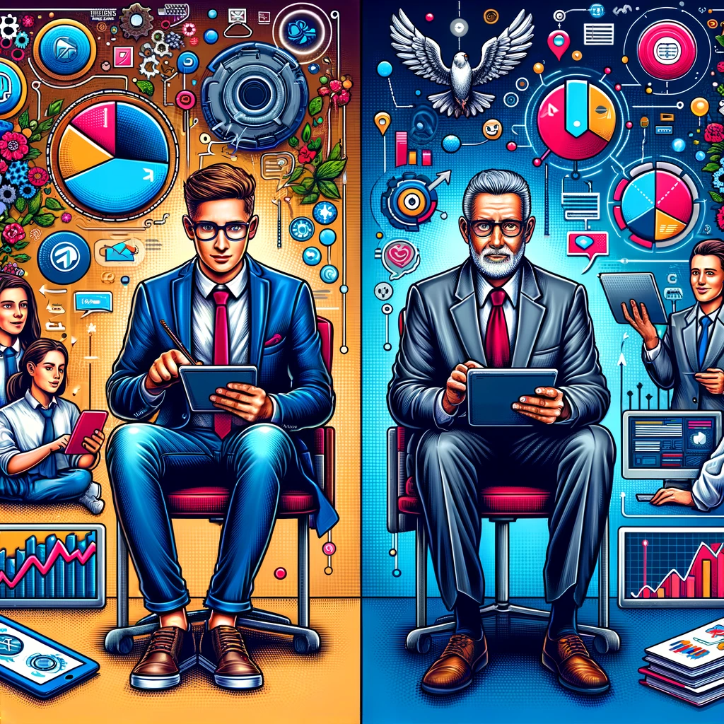 Illustration détaillée montrant deux personas clients contrastés pour une campagne de marketing digital : un jeune entrepreneur technophile et un PDG expérimenté dans un environnement d'entreprise.