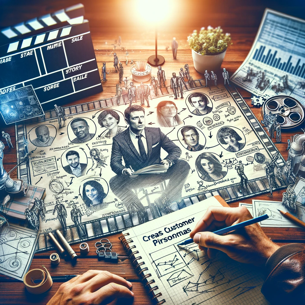 Un réalisateur planifiant un film à succès avec un storyboard détaillé et des esquisses de personnages sur une table, symbolisant la création de personas clients en inbound marketing.