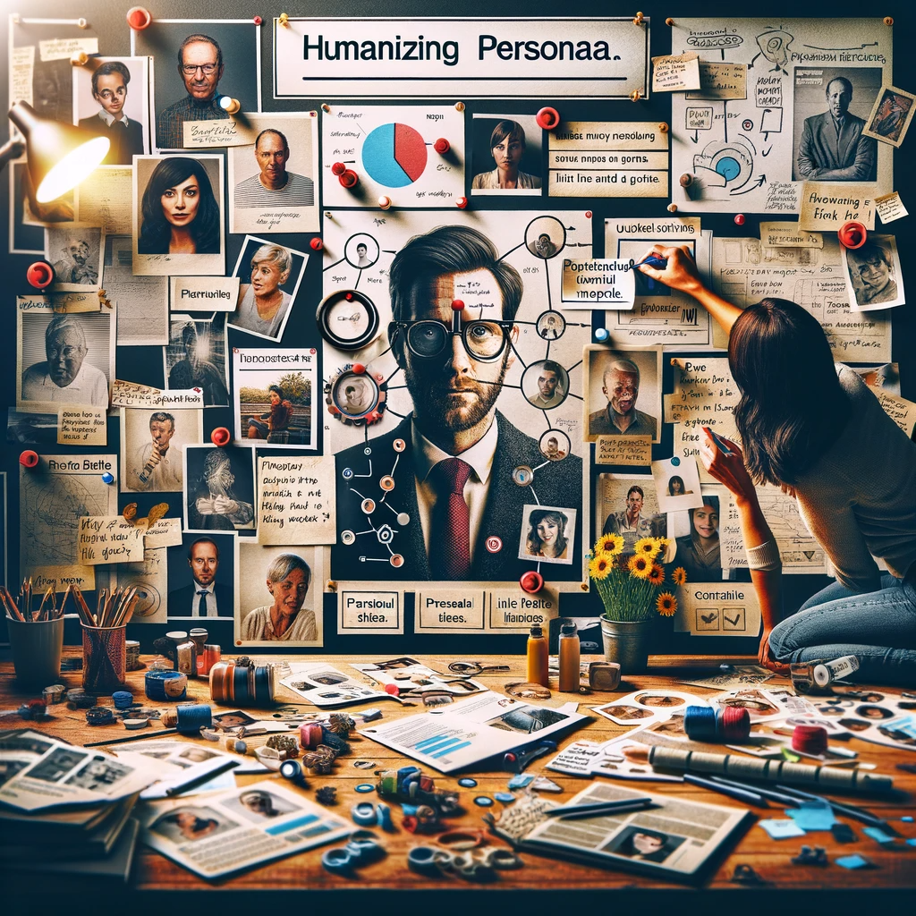 Collage montrant un marketeur en train d'assembler le profil d'un persona client, entouré de notes, de photos, de graphiques et de récits qui donnent vie à un persona.