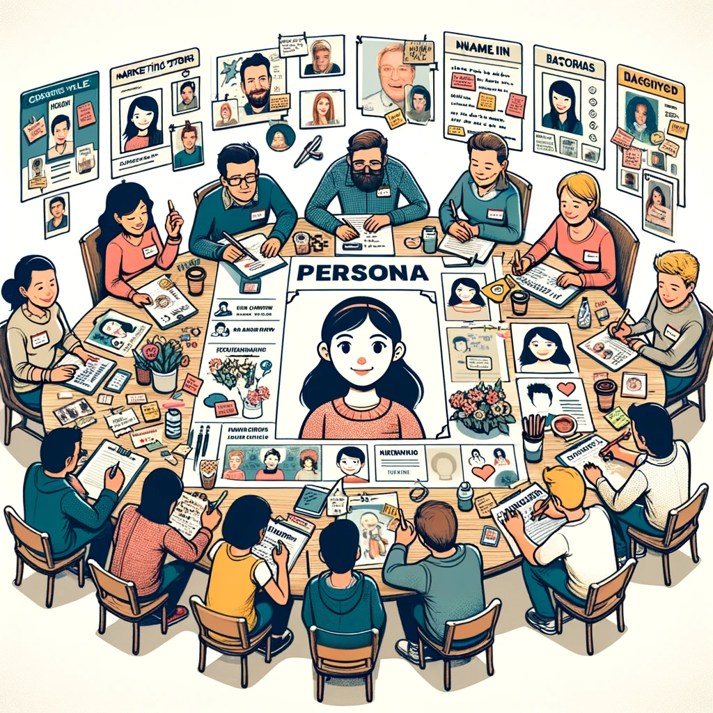 Illustration chaleureuse montrant une équipe de marketing en train de créer un persona, avec des membres brainstormant autour d'une table remplie de croquis de caractères, de noms et d'histoires de vie.