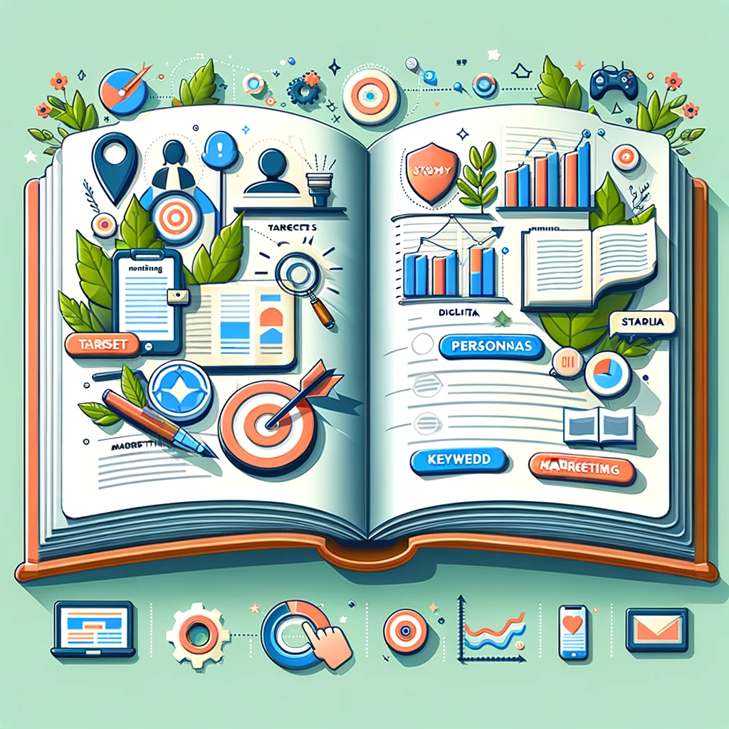  un livre ouvert ou un parchemin contenant divers symboles de marketing, évoquant une vue d'ensemble complète des stratégies de marketing.