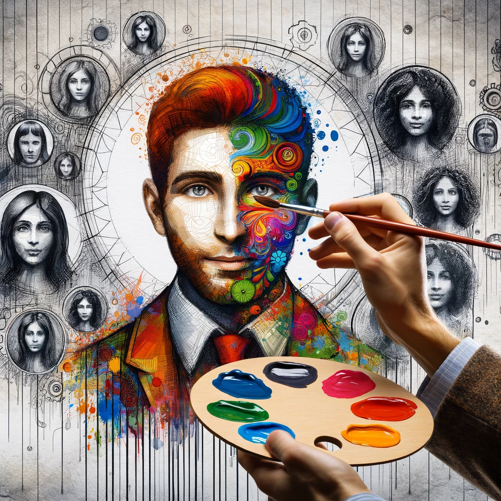 Un peintre dessinant un portrait coloré et détaillé d'un client, contrastant avec des esquisses plus simples en arrière-plan. processus de caractérisation du client idéal. un peintre avec sa palette et son pinceau, en train de réaliser un portrait vibrant d'un client. Ce portrait, exceptionnellement détaillé et coloré, se détache sur un fond de croquis plus monochromes et inachevés, signifiant la compréhension détaillée et la personnalité colorée du client idéal comparé au marché général.