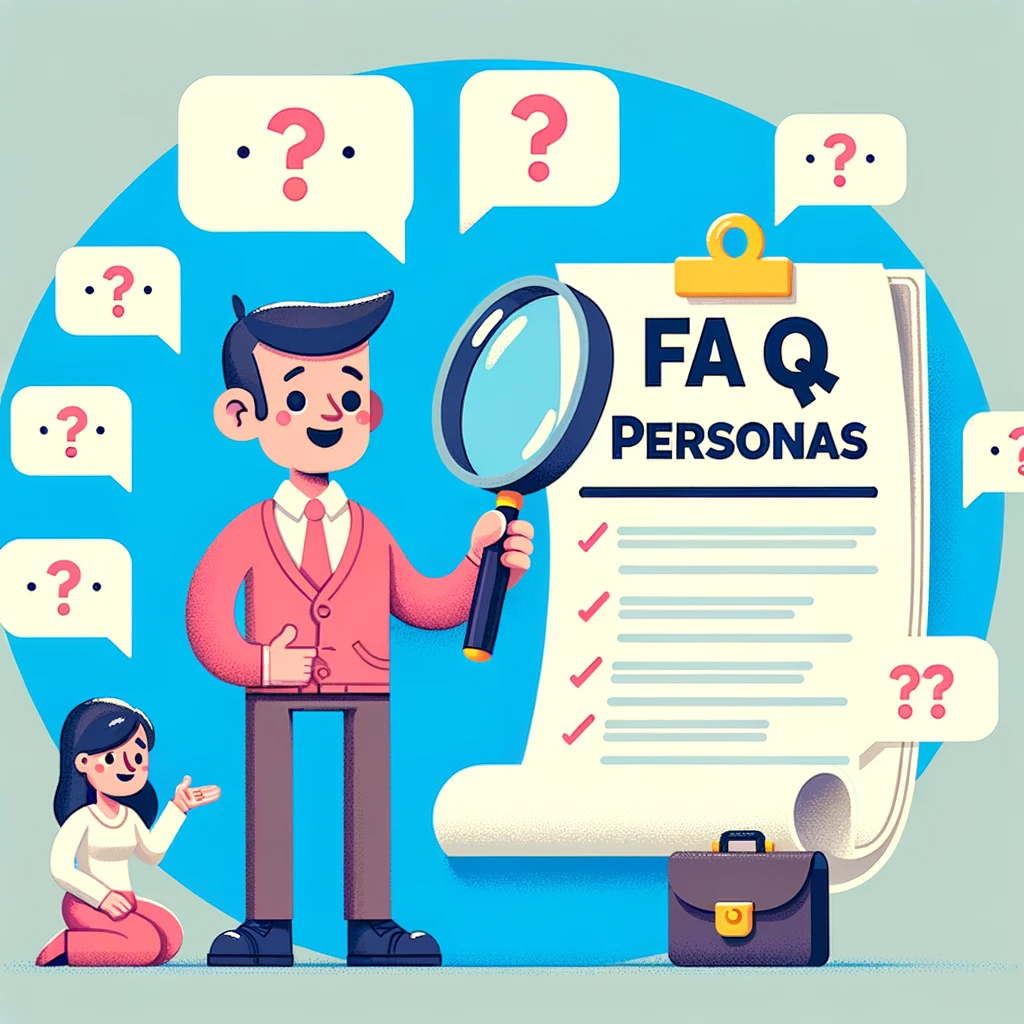 FAQ sur les Personas" alt="Image informative et amicale conçue pour une section FAQ sur les personas, montrant un personnage de dessin animé tenant une loupe pour examiner un document intitulé FAQ sur les Personas