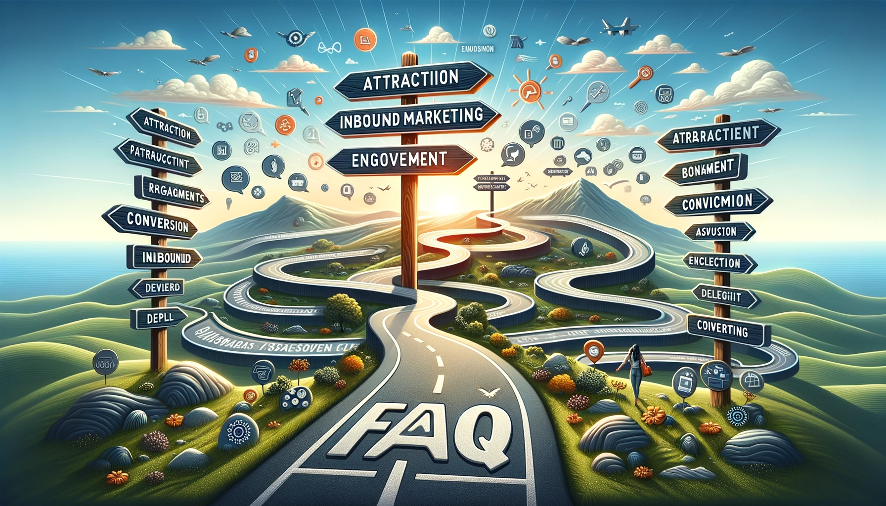 Le Voyage Continu de l'Inbound Marketing L'image dépeint un chemin s'étirant vers l'horizon avec des panneaux indiquant les différentes étapes de l'Inbound Marketing, traversant divers paysages qui symbolisent les multiples défis et évolutions du marketing. Un coin de l'image présente un grand panneau "FAQ" entouré d'icônes et de bulles de texte faisant référence aux aspects clés de l'Inbound Marketing.
