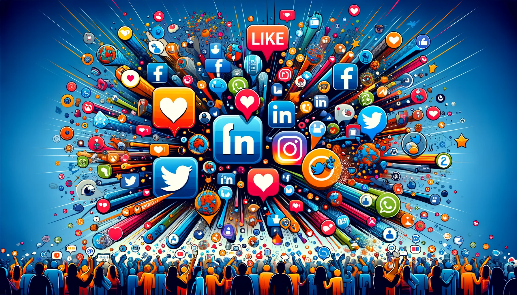 Cette illustration dynamique présente une variété d'icônes de réseaux sociaux comme Facebook, Twitter et LinkedIn, avec des personnages autour qui interagissent en aimant, commentant et partageant le contenu, symbolisant la nature interactive des médias sociaux.