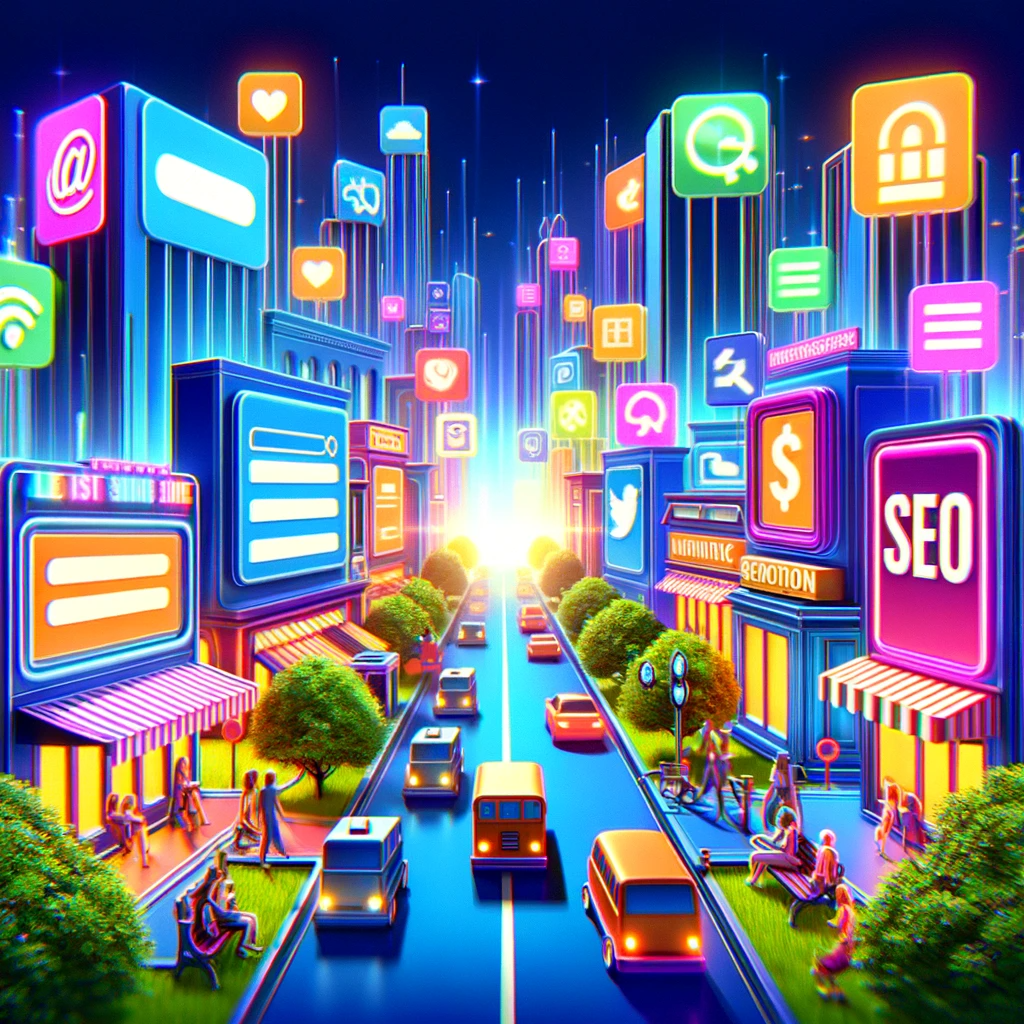 Une ville numérique animée représentant des sites web comme des magasins, mettant en avant le concept du SEO pour la visibilité en ligne.