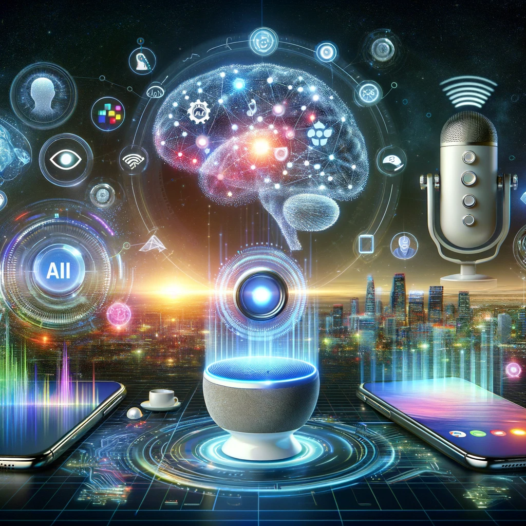  Image futuriste montrant l'évolution du SEO avec l'intelligence artificielle et la technologie de recherche vocale.