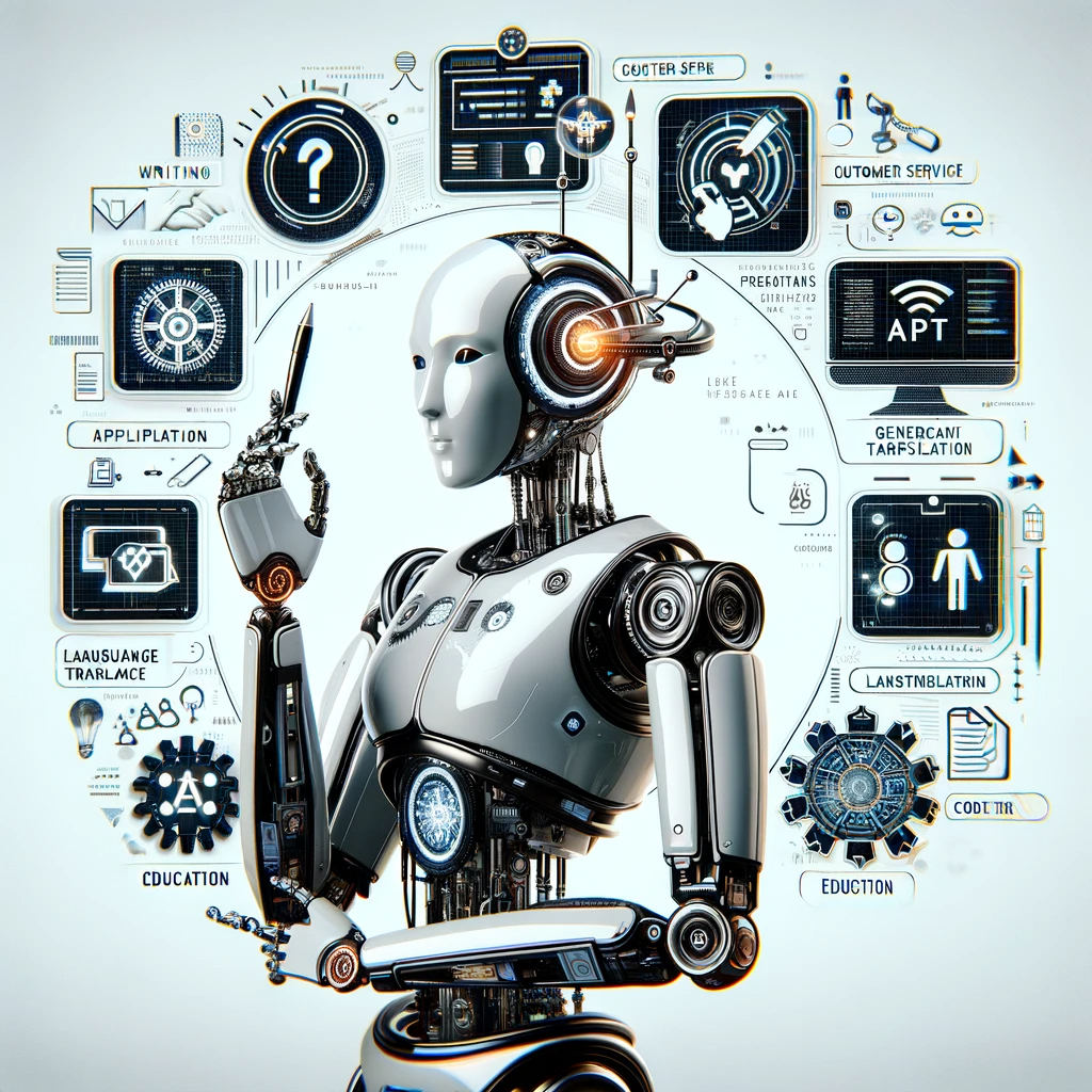 Robot futuriste illustrant les différentes applications des GPTs comme la rédaction, le service client et l'éducation