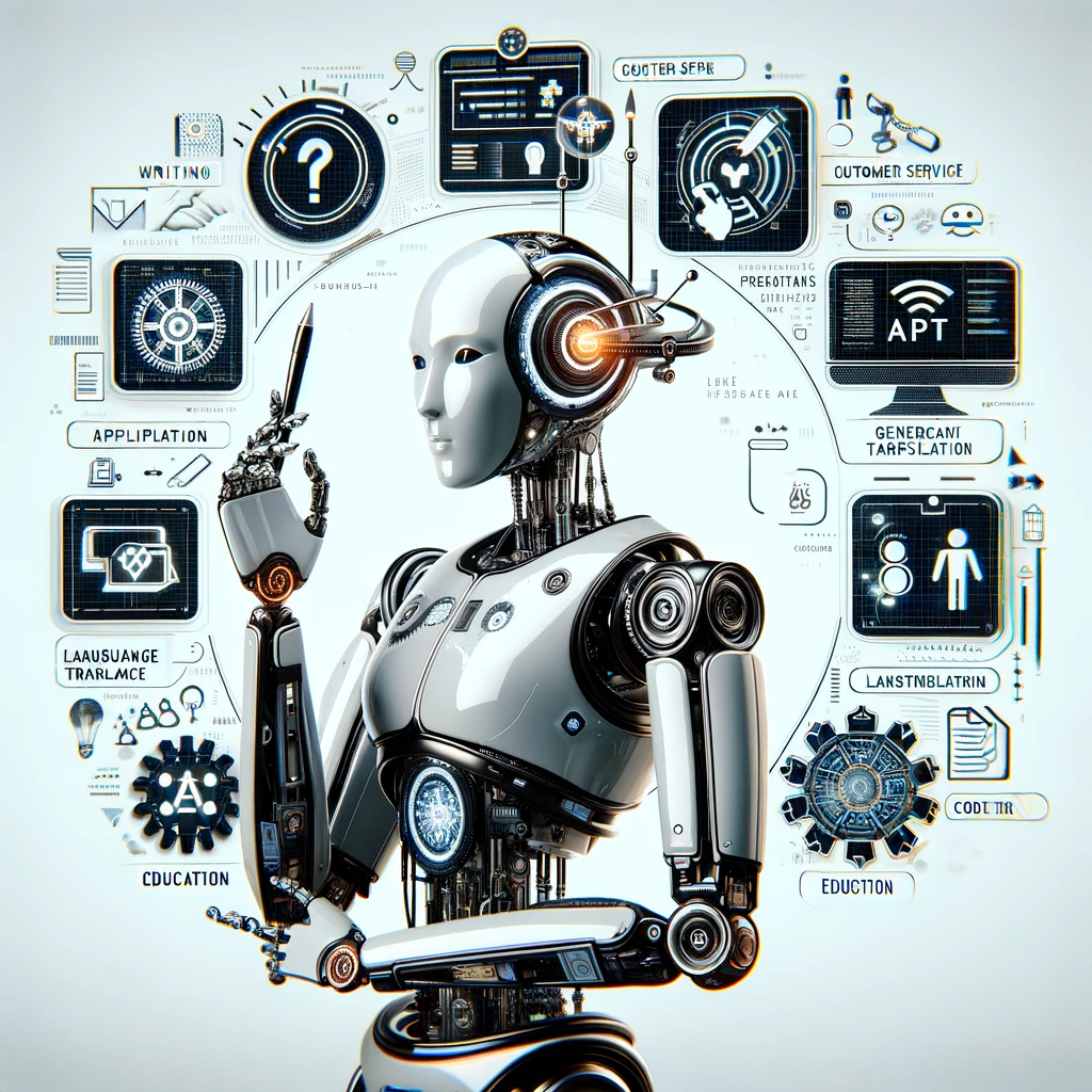 Diverses Applications des GPTs Robot futuriste illustrant les différentes applications des GPTs comme la rédaction, le service client et l'éducation