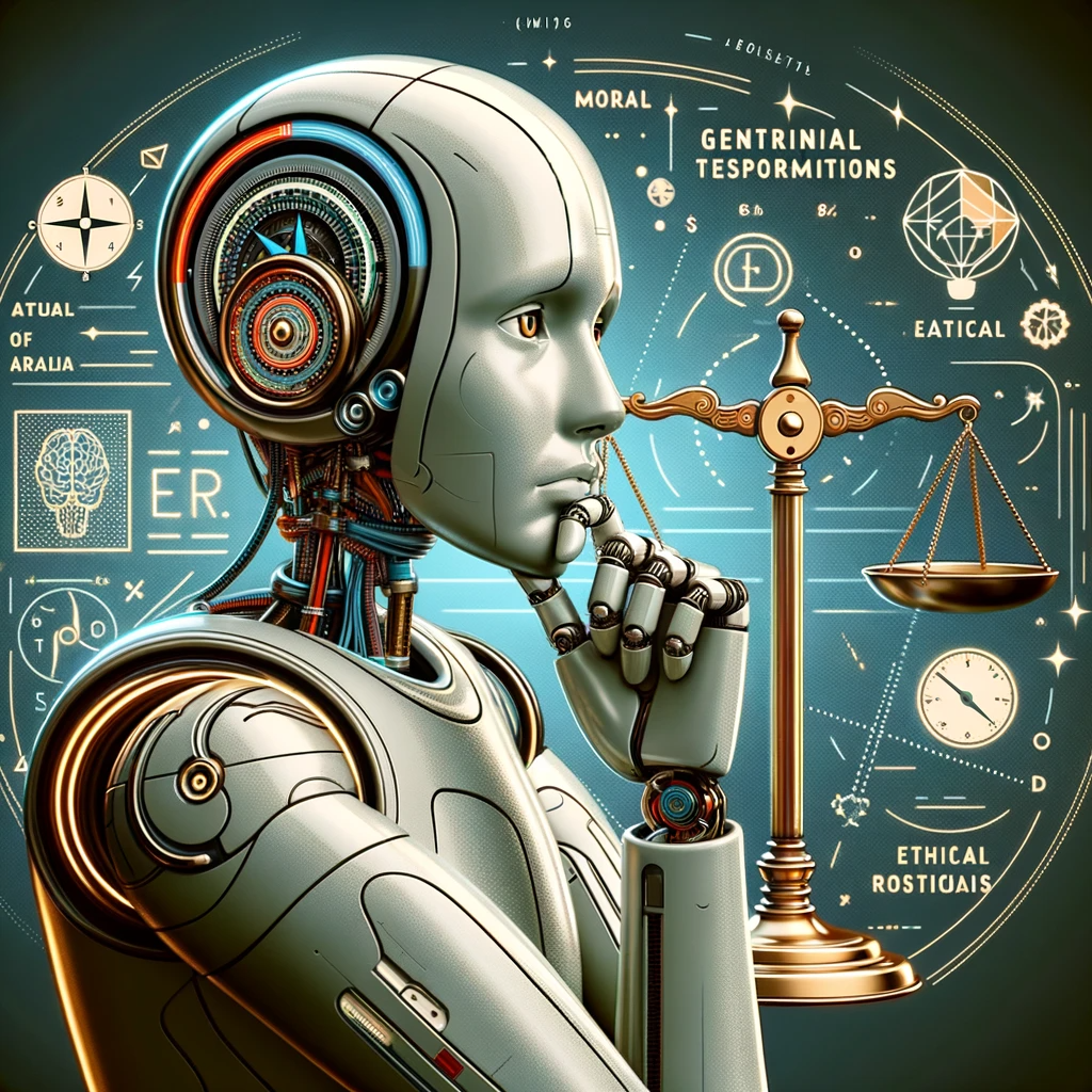 Implications Éthiques des GPTs Robot pensif contemplant un compas moral et des balances éthiques, symbolisant les implications éthiques des GPTs