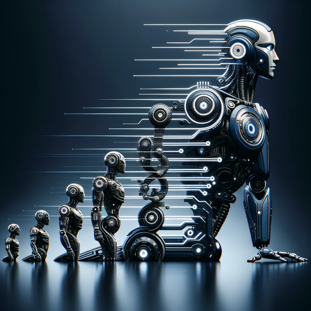 Robot moderne symbolisant l'évolution de la technologie et de l'intelligence artificielle des GPT-1 à GPT-4