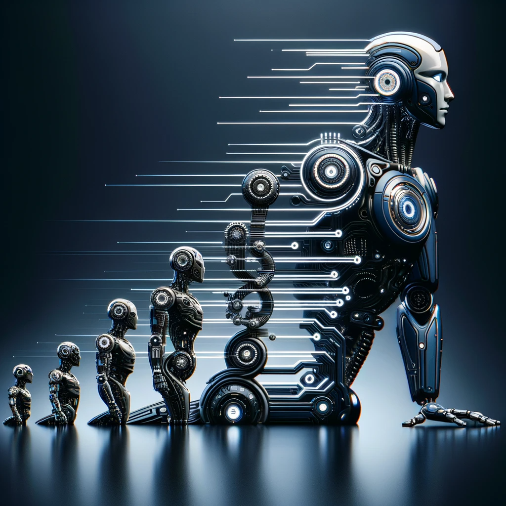 Evolution des GPTs dans la Technologie Robot moderne symbolisant l'évolution de la technologie et de l'intelligence artificielle des GPT-1 à GPT-4