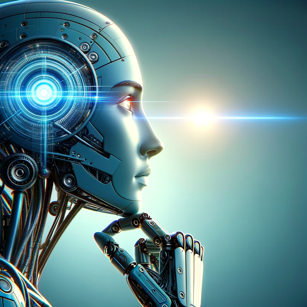 Le Futur des GPTs dans l'IA Robot visionnaire contemplant l'avenir des GPTs, symbolisant le potentiel et l'avenir des technologies de l'intelligence artificielle