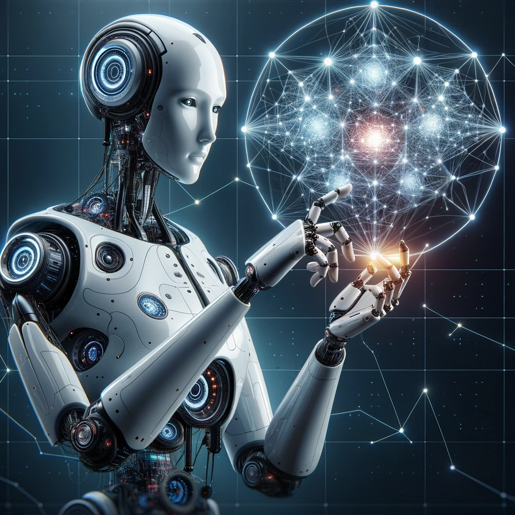 Fonctionnement des GPTs et Réseaux Neuronaux Robot futuriste interagissant avec des graphiques de réseaux neuronaux, représentant le fonctionnement des GPTs